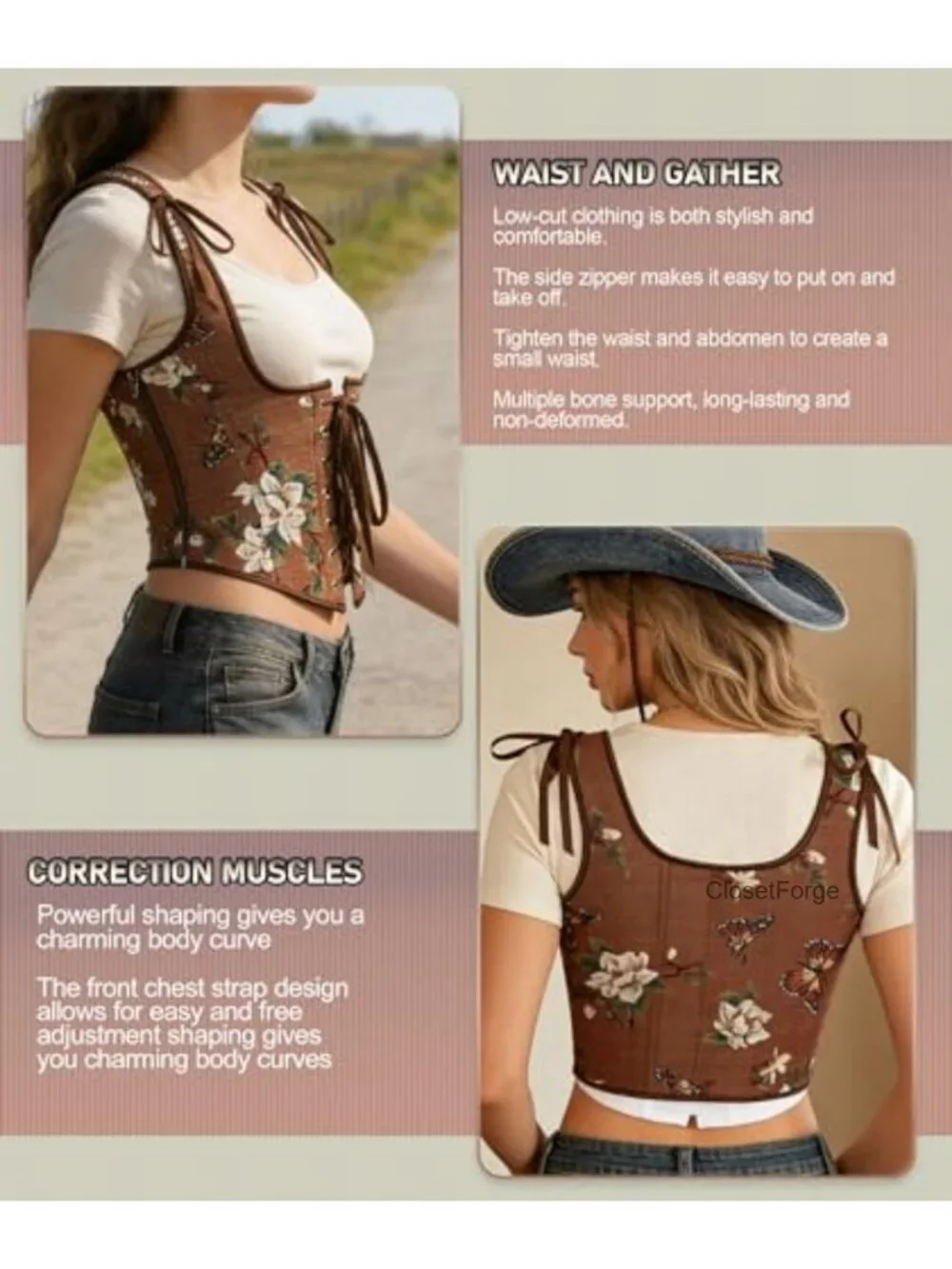 Renaissance Underbust Corset Top Women's Lace-Up Boned Bustier Medieval Costume